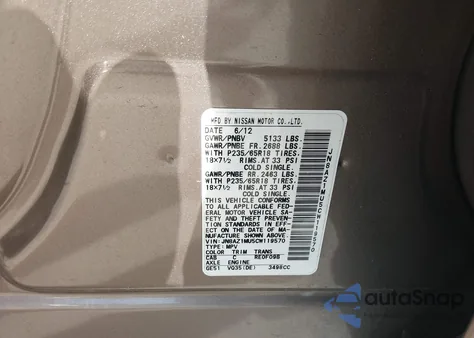 2012 Nissan Murano Sv из США, поврежденный, VIN JN8AZ1MU5CW119570